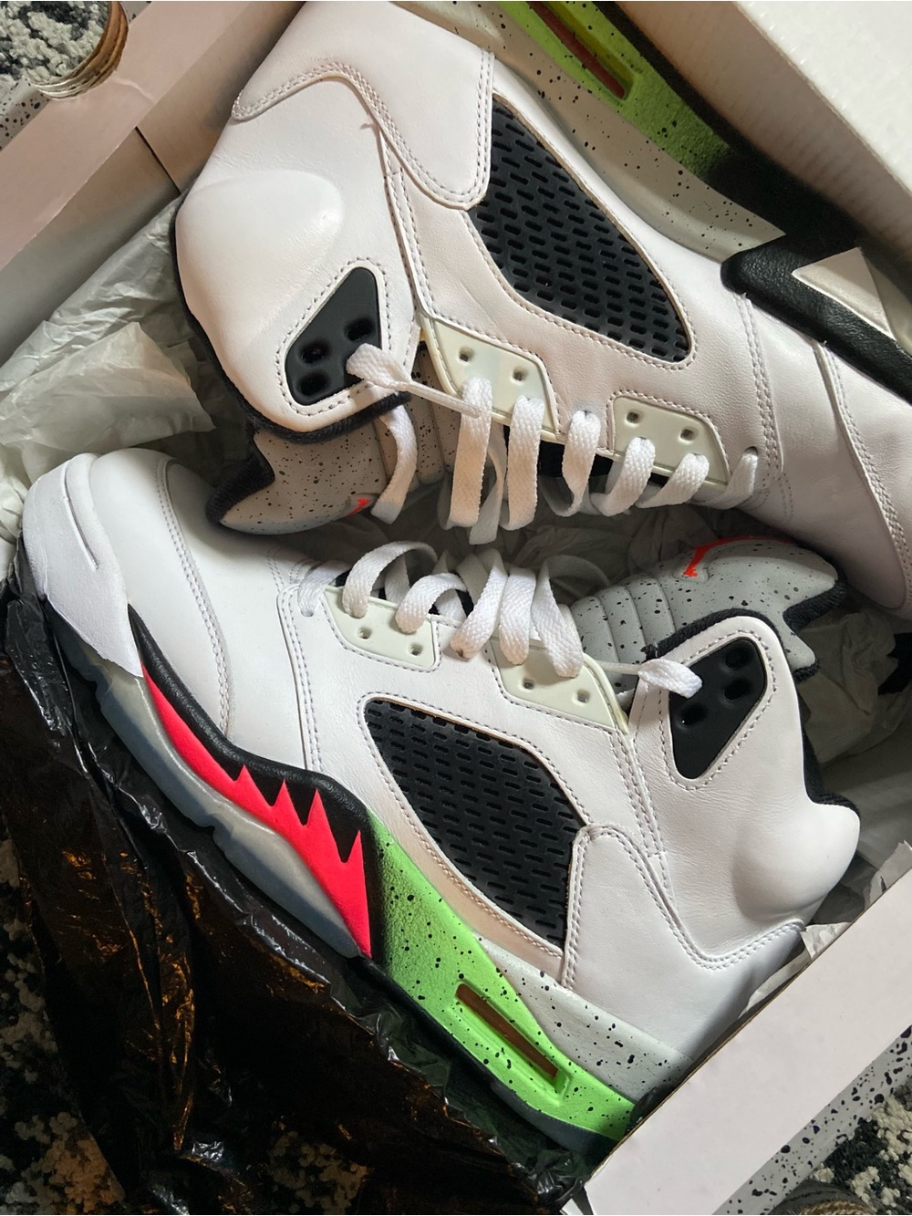 Jordan Men’s White Sneakers with Black, Neon Green and Red Accents